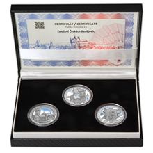 Náhled - ZALOŽENÍ ČESKÝCH BUDĚJOVIC – návrhy mince 200 Kč - sada 3x stříbro 34mm patina
